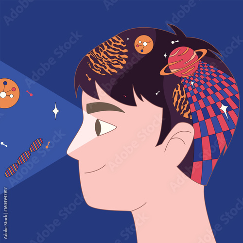 A young man envisions a universe of science, DNA, and cosmic patterns through his thoughts.