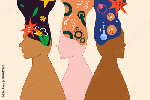 Three silhouettes with abstract thoughts in their heads, highlighting the diversity of minds and cognitive styles.