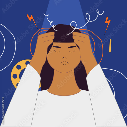 A person holds their head in frustration, symbolizing mental overload, stress, and cognitive pressure with abstract elements around.