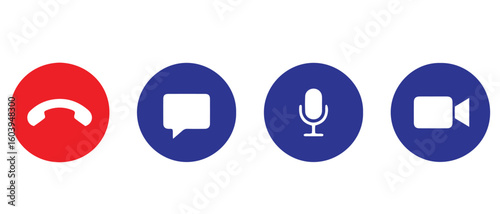 Digital Communication Icons. Phone, Message, Microphone, and Video Call Symbols in Bold Blue and Red Circles.