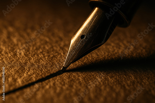 Ink Pen's Trace: An intimate shot of an ink pen's nib gliding over a textured surface, revealing a trail of freshly inscribed lines, a symbol of knowledge and creative expression.