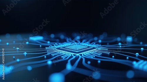 Blue Microchip Network with Glowing Connections