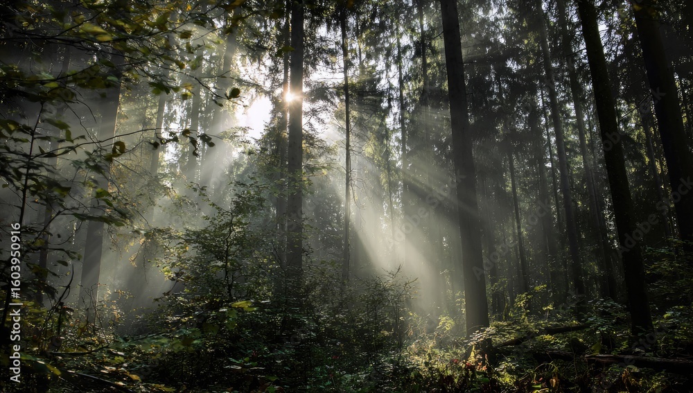 Fototapeta premium Sunlight piercing a misty forest