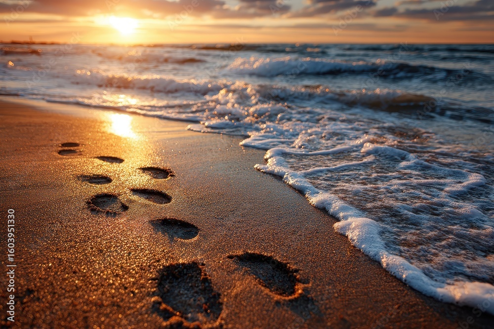 Golden sunset reflects on the wet sand with footprints near ocean. Ideal for travel blogs, vacation ads, or spiritual reflection topics. Golden sunset reflects on the wet sand with footprints near ocean. Ideal for travel blogs, vacation ads, or spiritual reflection topics.