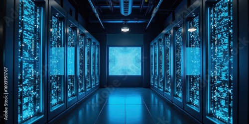 Futuristic Computing Room with Blue Glow Technology