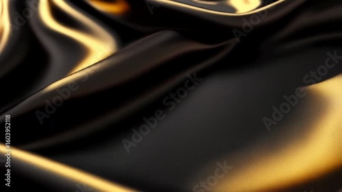 Closeup of Smooth Black Satin Fabric with Gold Highlights Moving Gently in Soft Light