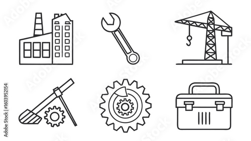 Factory and Industry Icon Set – Metallic Gray Vector Icons for Manufacturing, Machinery, and Engineering