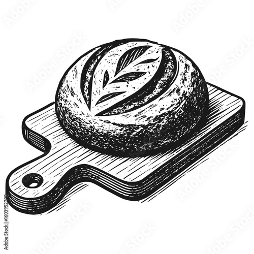 Artisan Sourdough Bread Loaf Vector Illustration on a Wooden Cutting Board, Transparent Background, in Vintage Rustic Hand Drawn Style
