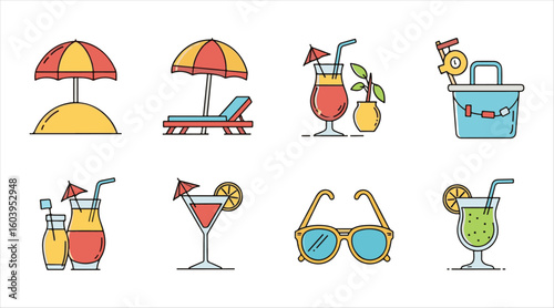Summer Icon Color Thin Line Collection for Travel and Recreation, Isolated on a White Background. Vector illustration

