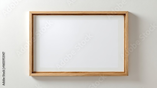 Photorealistic empty wooden picture frame in natural oak tone centered on pure white wall with soft natural lighting and shadow, minimalist mockup style, ideal for artwork display and design presentat