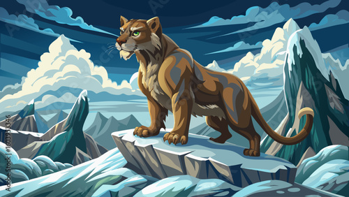 A saber-toothed cat perches on a snowy ridge, scanning the frozen plain for prey under a cloudy, gray Ice Age sky