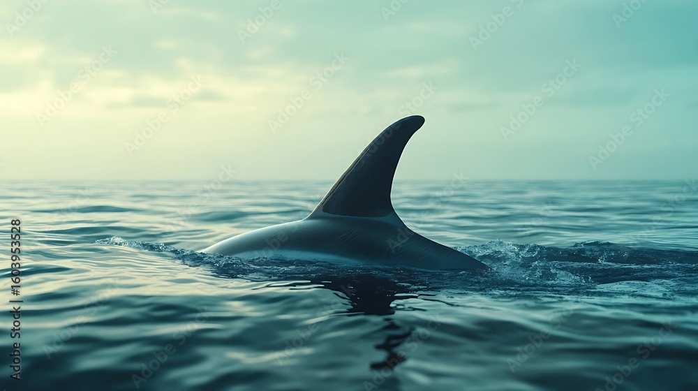 Naklejka premium Morning light reflects on dolphin fin above water high resolution picture