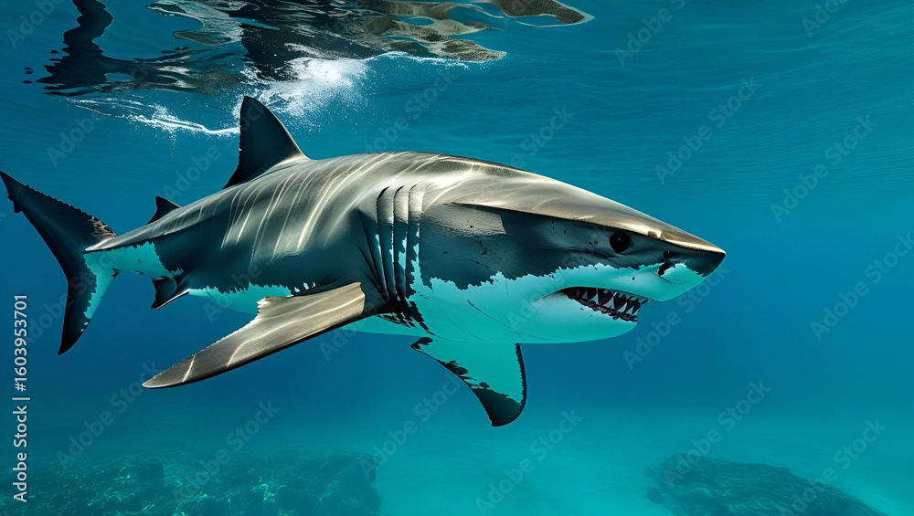Obraz premium Great White Shark Swimming in Clear Blue Ocean Water Underwater Marine Wildlife Photography