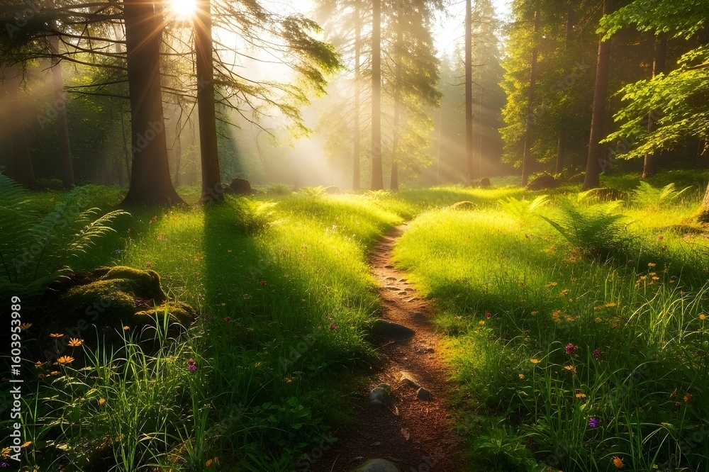 Naklejka premium Sunlit Forest Path: Green Grass and warm Sunlight Beams