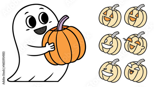 Cartoon ghost holding a pumpkin with smiling jack o lanterns on the side for halloween illustration