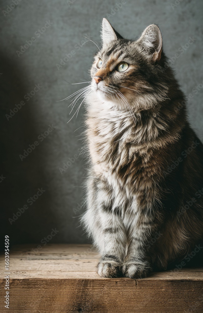 Obraz premium Curious cat sitting on wooden plank gazing upwards