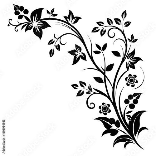 Corner Floral Vines vector clean black silhouette design white background