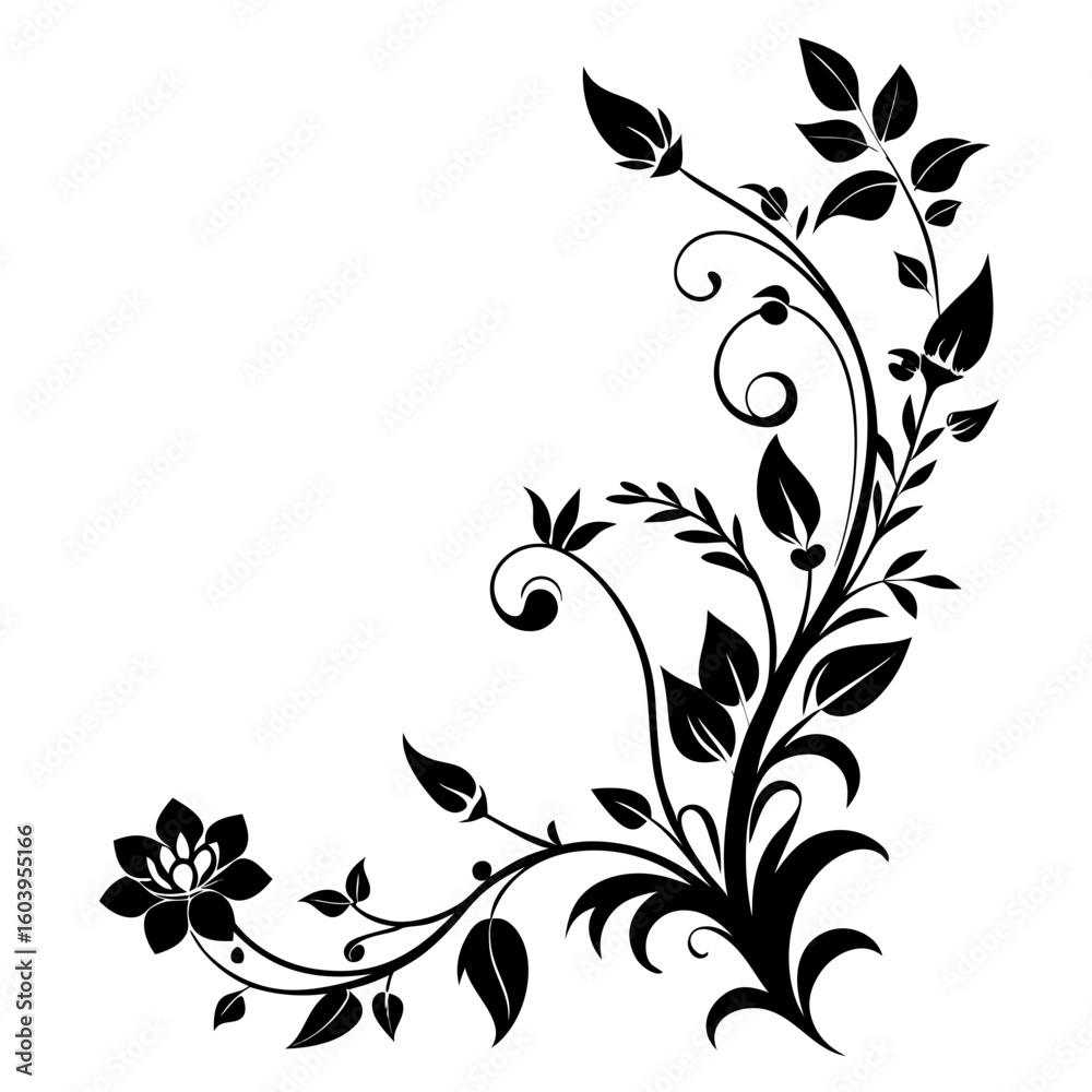 Obraz premium Corner Floral Vines vector clean black silhouette design white background