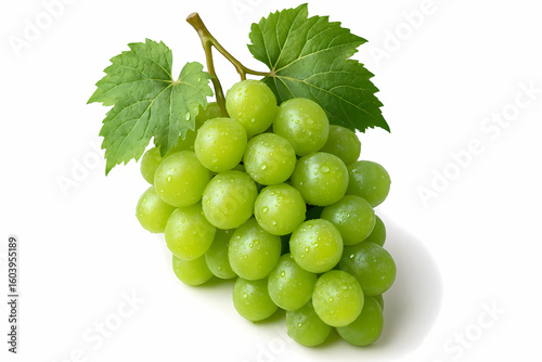Fresh Green Grapes with Water Droplets and Leaves on White Background.