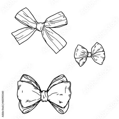 Satin ribbon bow, silhouette set, black and white sketch. Vector illustration. Flirty knot, isolated onbackground. Elegant, feminine design element for birthday, new year, valentine's day and wedding