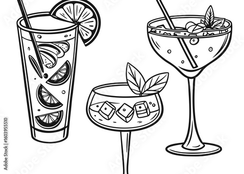 A vibrant set of cold alcoholic drinks, including martinis with lemon and ice, perfect for any celebration or party