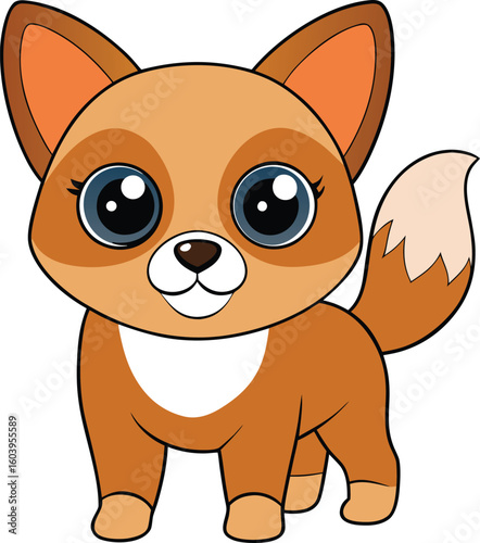 An adorable cartoon fox stands cheerfully, its large eyes and bushy tail conveying a sense of playful innocence against a white background.