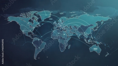 Global network map with interconnected continents symbolizing worldwide communication