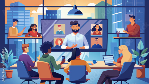 Flat vector scene showing a virtual team meeting on screen, with diverse professionals communicating via video call windows, messages, and shared documents on a desktop UI
