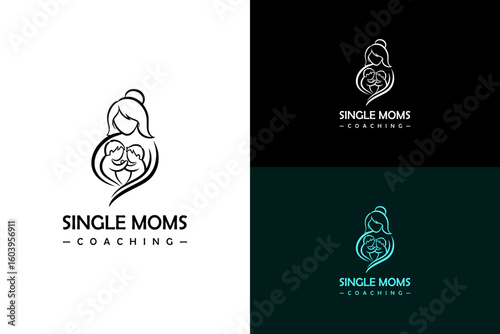vector illustration of mother holding two children close, icon, logo for single mother support, single parent, parenting, independent mom coach, single moms coaching, and more