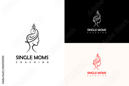 woman face and her hair rises a baby's face vector illustration, logo for independent mom coach, women empowerment, single mother support, single parent, single moms coaching, and more
