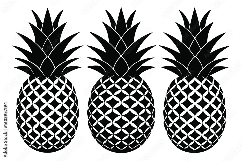 Fototapeta premium Three Black and White Pineapple Silhouettes Pattern on a White Background