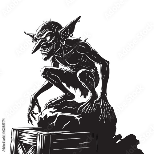 The trickster in the shadows – Goblin silhouette carved from strange Goblin vector – Goblin illustration – Halloween silhouette

