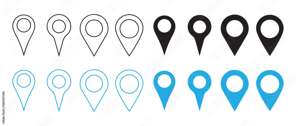 Map Pin Icon Set. Black, Blue, and Line Styles for Navigation and Digital Interfaces. Map Pin Icon Set. Black, Blue, and Line Styles for Navigation and Digital Interfaces.