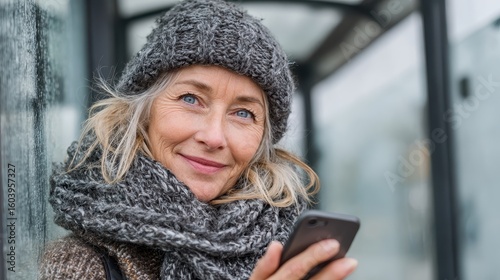 Smiling woman in warm hat and scarf holding phone outside. Perfect image for winter travel or connecting with family.