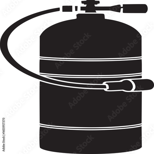 Scuba diving oxygen tank black and white vector, showing a single tank with hose and attached pressure gauge.
