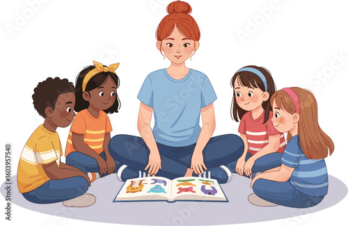Children learning together, reading with teacher, preschool classroom, educational activity, early childhood development, storytelling time, interactive group, literacy concept, happy kids