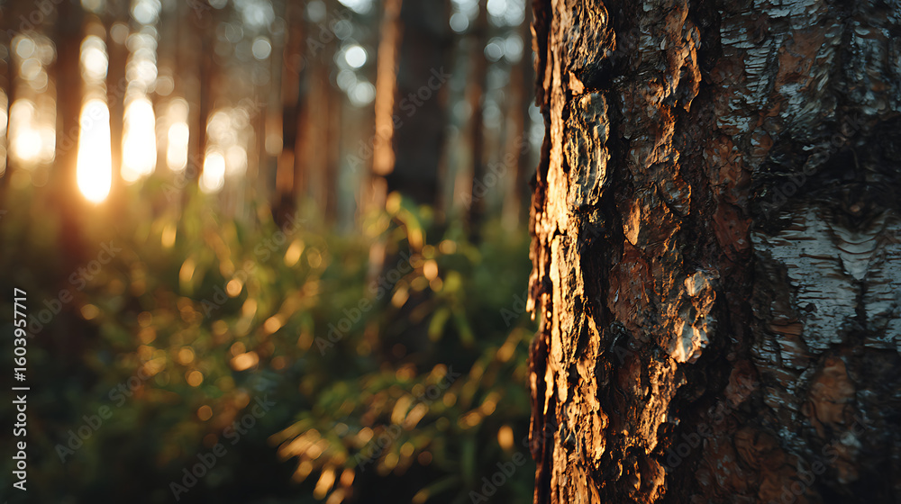 Fototapeta premium Warm sunlight illuminating tree bark in beautiful forest