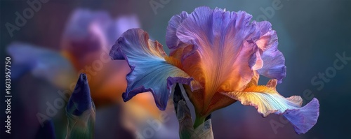 Iris fade with mood and movement concept. Beautiful close-up of a vibrant iris flower showcasing intricate colors.
