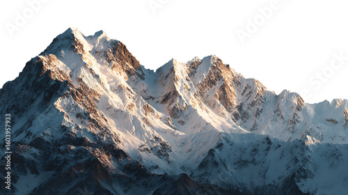 Dramatic snowcovered mountains bathed in the warm light of dawn isolated on transparent background