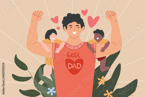 A joyful father carrying his children on each arm, proudly wearing a shirt that says 