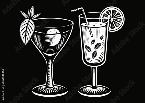 I can do that! Here's a single sentence for describing the image:

A vibrant illustration of various alcoholic drinks, including chilled cocktails and champagne glasses with ice, perfect for a fun par