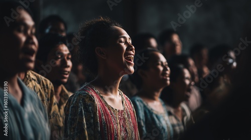 Choir group of singing in church people expressing emotion happiness passion with smiles on faces and lighting from above