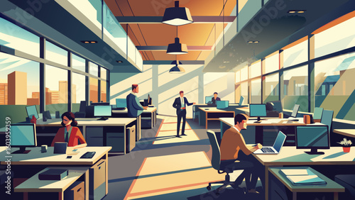 Vector illustration of a large open-plan office with employees at workstations, task boards, charts on walls, and light streaming in through big windows, all in flat geometric style with muted tones