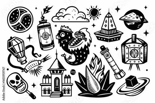 Here are a few options for describing the image, keeping it under 200 characters and adhering to all your rules:

Cartoon animal and Halloween icon sets with holiday symbols illustration

Vector illus