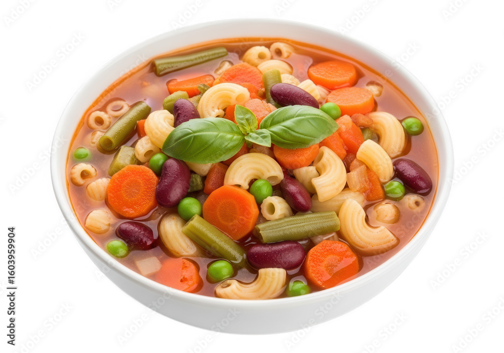 Bowl of minestrone soup with pasta and vegetables isolated on transparent background Bowl of minestrone soup with pasta and vegetables isolated on transparent background