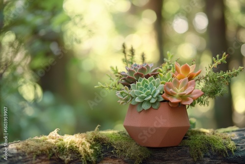 Assorted succulents in a geometric terracotta pot, nestled on mossy log, bathed in soft sunlight.