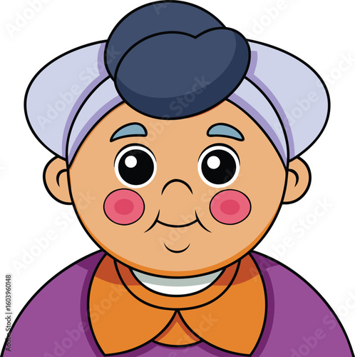 A cheerful elderly woman with a kind smile, wearing a purple top and lavender head covering, exudes warmth and gentle wisdom.