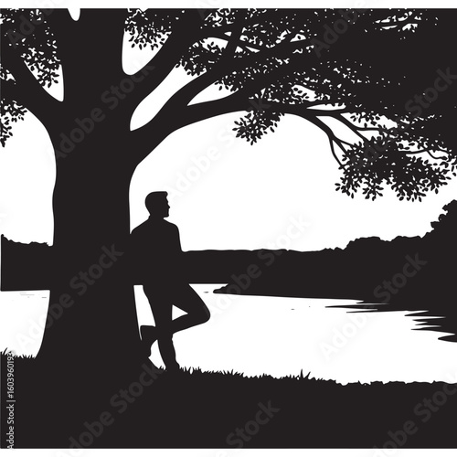 Silhouette of a man standing leaning under a tree beside a river vector illustration