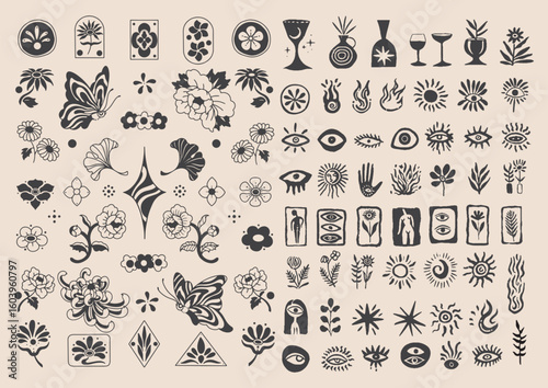 Modern hand drawn illustrations with magic symbols, crescent moon, sun, magic ball and books.