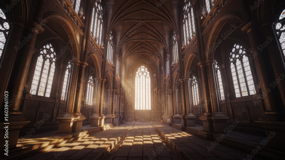 Fototapeta premium Spectacular gothic architecture with sunlight streaming through arched windows